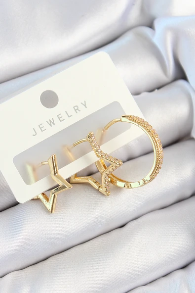 Pirinç Zirkon Taşlı Yıldız Ve Halka Model Gold Renk 3'lü Çift Kadın Küpe Set - EBJ250705W36213 ürün görseli