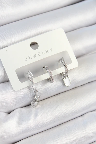 Pirinç Zirkon Taşlı Sallantılı Model Gümüş Renk 3'lü Çift Kadın Küpe Set - EBJ250705W36170 ürün görseli