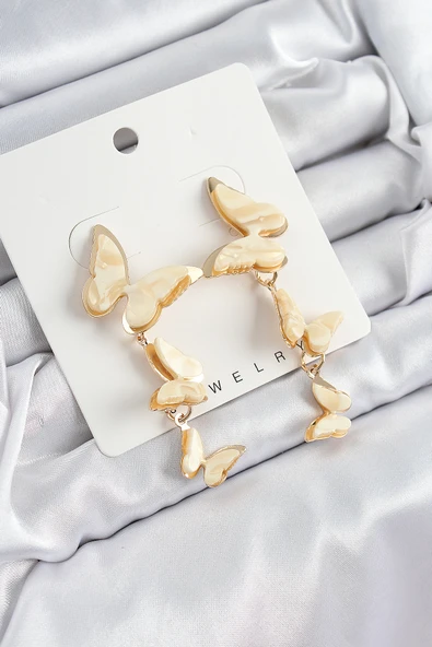 Pirinç Sedef Sallantılı Mermer Desenli Kelebek Model Gold Renk Vintage Kadın Küpe - EBJ250705W36345 ürün görseli