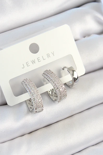 Pirinç Zirkon Taşlı Damla Model Gümüş Renk 3'lü Çift Kadın Küpe Set - EBJ250705W36188 ürün görseli