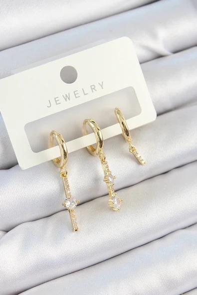 Pirinç Zirkon Taşlı Sallantılı Model Gold Renk 3'lü Çift Kadın Küpe Set - EBJ250705W36198 ürün görseli
