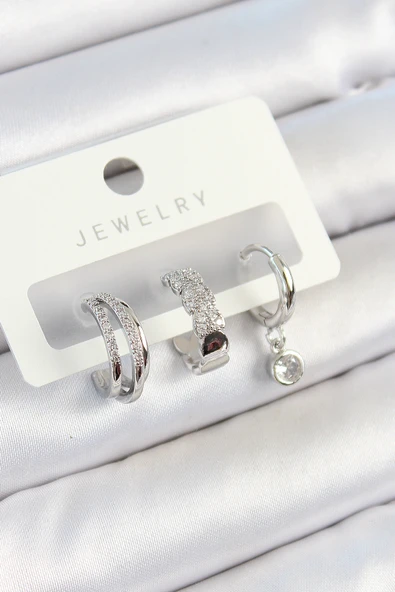 Pirinç Zirkon Taşlı Halka Model Gümüş Renk 3'lü Çift Kadın Küpe Set - EBJ250705W36183 ürün görseli