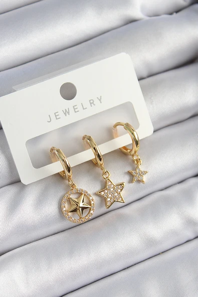 Pirinç Zirkon Taşlı Yıldız Model Gold Renk 3'lü Çift Kadın Küpe Set - EBJ250705W36218 ürün görseli