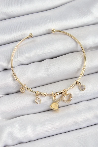 Pirinç Zirkon Taşlı Tavşan Ve Kalp Model Gold Renk Charm Bileklik - EBJ250705W36303 ürün görseli