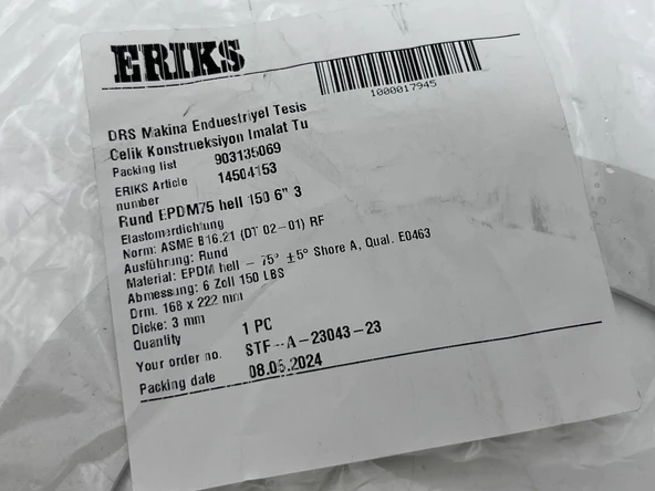 Eriks EPDM Elastomer Flanş Contası  6” 150 LBS - 3
