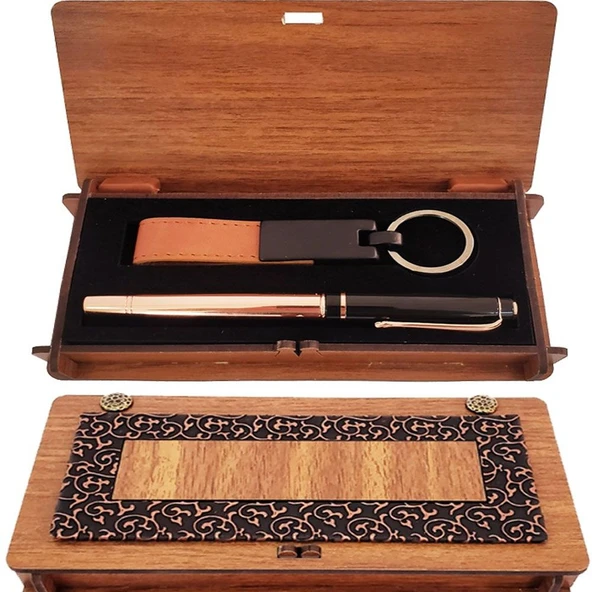 Ahşap Kutulu Bakır Roller Kalem ve Taba Anahtarlık Set - 1