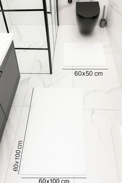 %100 Pamuk Dokuma, Su Emici, Banyo Paspas Seti, Banyo Halısı Vera 2'li Klozet Takım 60x100-60x50 - 2