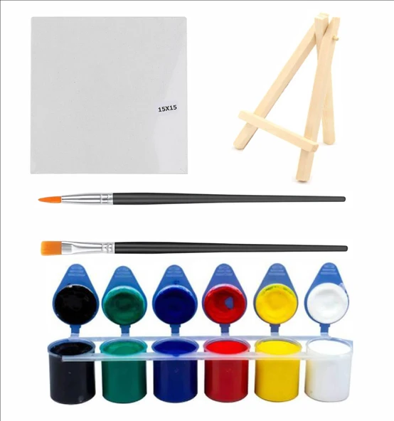 6'lı Akrilik Boya 6x25 Toplam 150 ML+ 2 Adet Fırça+1 adet 15x15 Pres Tuval+ 1 adet Mini Şövale ürün görseli 1