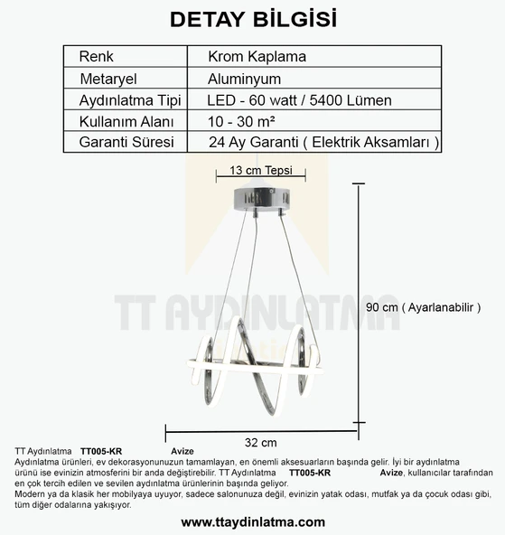 TT005-KR TT Aydınlatma Burgu Modeli Krom Kaplama Led Avize - Resim 4