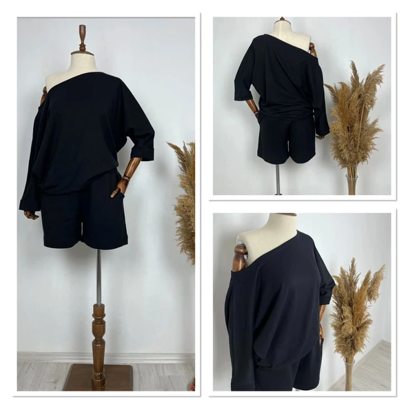 Kadın Kayık Yaka Oversize Asimetrik Bluz Ve şort Iki Iplik Takım - 2
