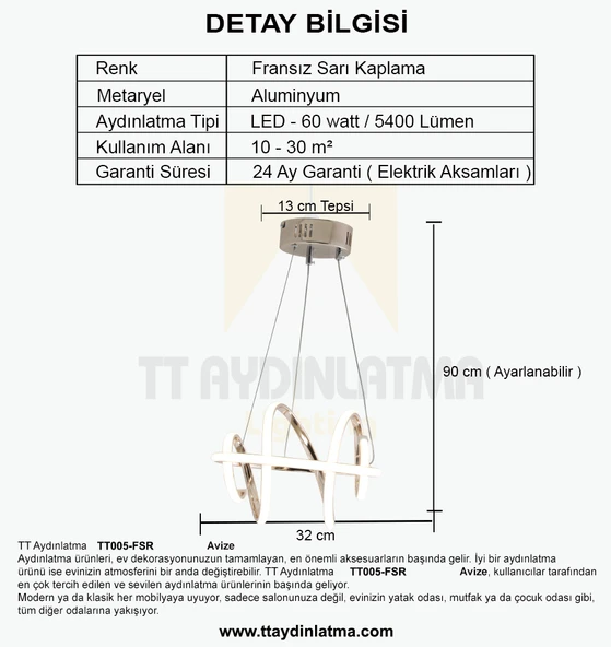 TT005-FSR TT Aydınlatma Burgu Modeli Fransız Sarı Kaplama Led Avize - Resim 4