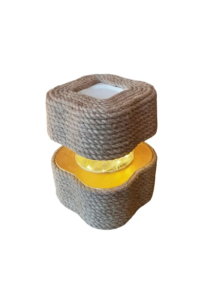 Masa Lambası - Bahçe Lambası Halat Jüt İp Dekorlu Pilli Ledli Beton Aydınlatma - 4