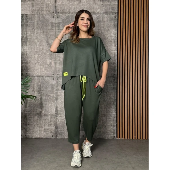 Lucky Life Kadın Kısa Kollu Bisiklet Yaka Viskon Iki Iplik Bluz Ve Pantolon Ikili Takım - 2