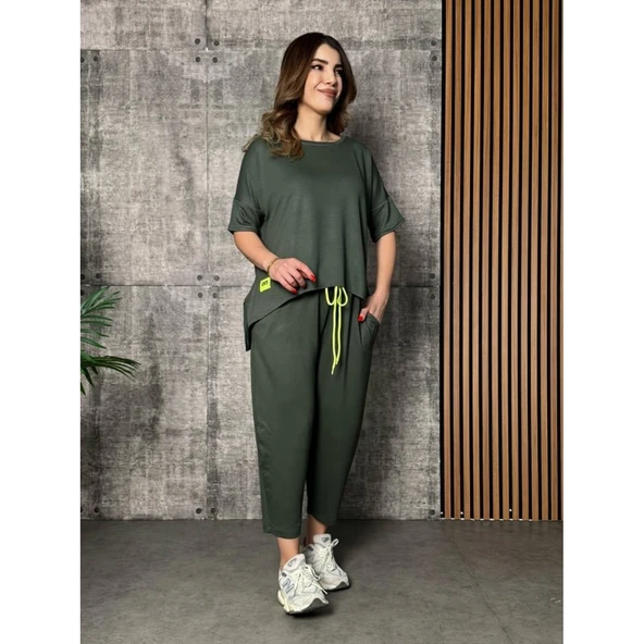 Lucky Life Kadın Kısa Kollu Bisiklet Yaka Viskon Iki Iplik Bluz Ve Pantolon Ikili Takım - 4