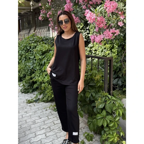 Lucky Life Kadın Askılı Yuvarlak Yaka Viskon Iki Iplik Bluz Ve Eşofman Altı Ikili Takım - 3