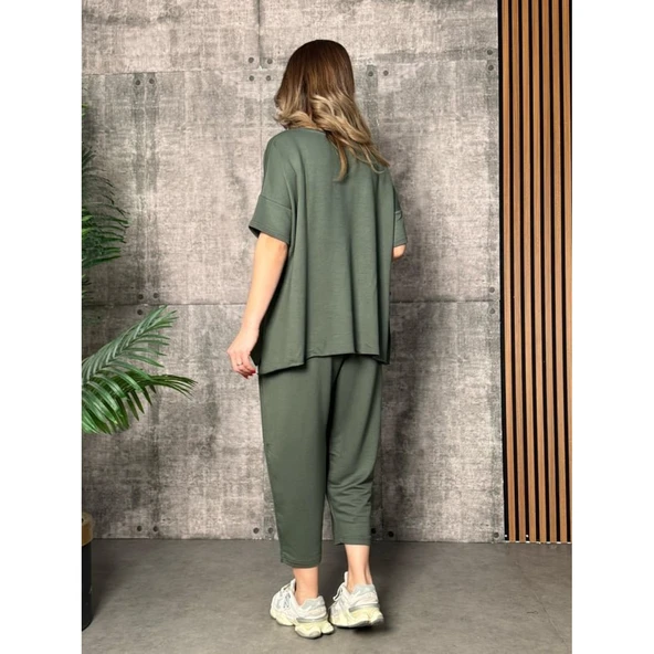 Lucky Life Kadın Kısa Kollu Bisiklet Yaka Viskon Iki Iplik Bluz Ve Pantolon Ikili Takım - 3