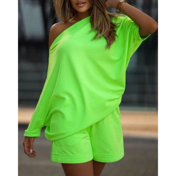 Lucky Life Kadın Kayık Yaka Salaş Iki Iplik Bluz Ve şort Ikili Takım - 2