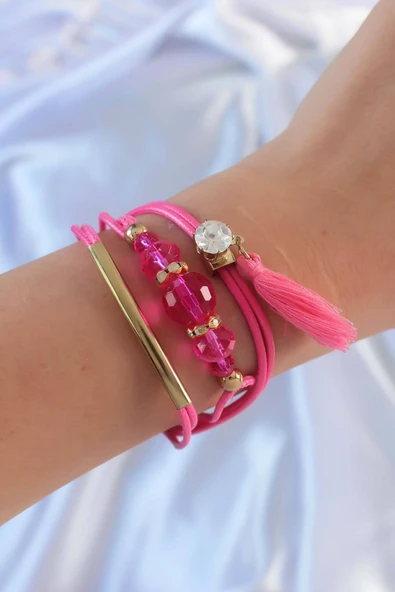 Pembe Zirkon Taşlı İpli Püskül Detay Çoklu Bileklik ürün görseli 1