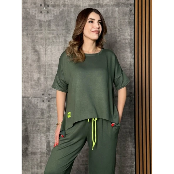 Lucky Life Kadın Kısa Kollu Bisiklet Yaka Viskon Iki Iplik Bluz Ve Pantolon Ikili Takım