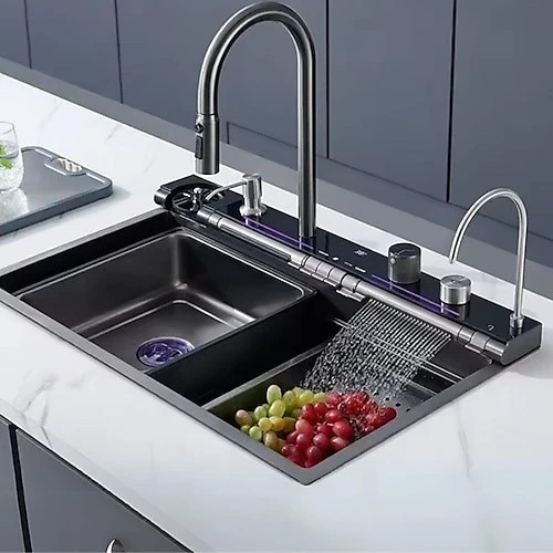 Akıllı Evye Seti Dijital Tuşlu Endüstriyel Mutfak Lavabo Musluk Teknolojik Şelale Yeni Nesil Eviye Batarya Paslanmaz Çelik