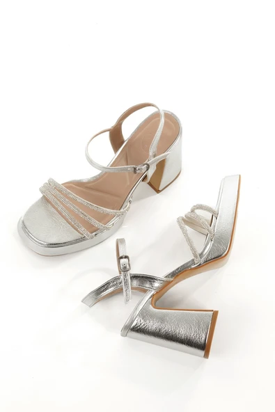 Janti Gümüş Taşlı Yüksek Kalın Platform Topuklu Abiye Ayakkabı - Resim 2