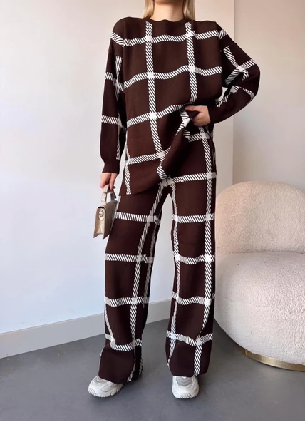 Ekoseli triko takım kahvebeyaz - Resim 5