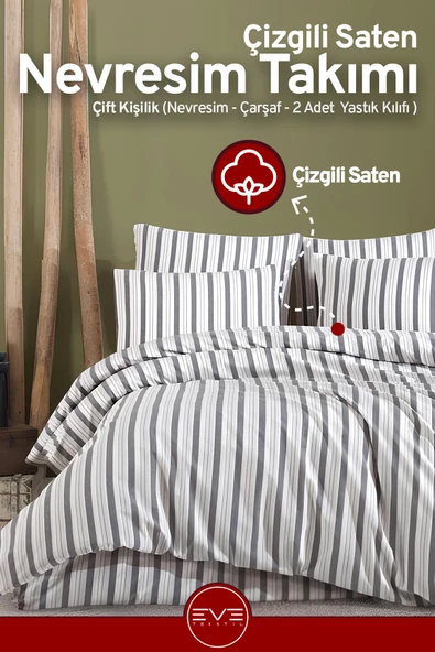 Saten Çizgili Çift Kişilik Lüks Nevresim Takımı Set 200x200 Cm