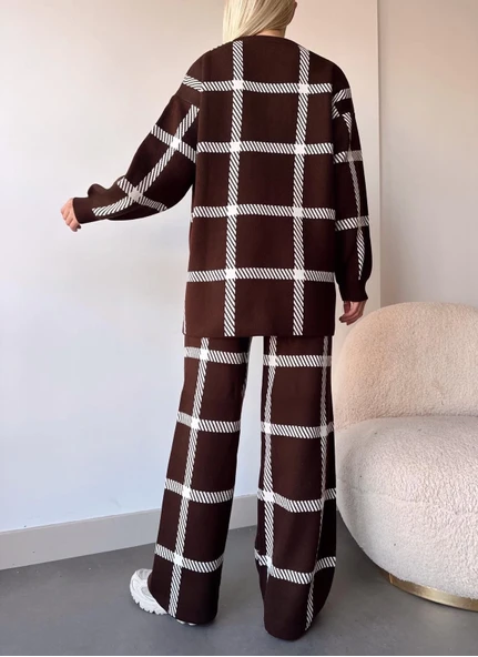 Ekoseli triko takım kahvebeyaz - Resim 3