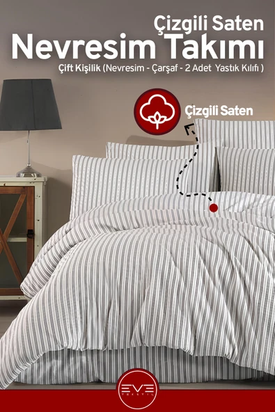 Saten Çizgili Çift Kişilik Lüks Nevresim Takımı Set 200x200 Cm - 6