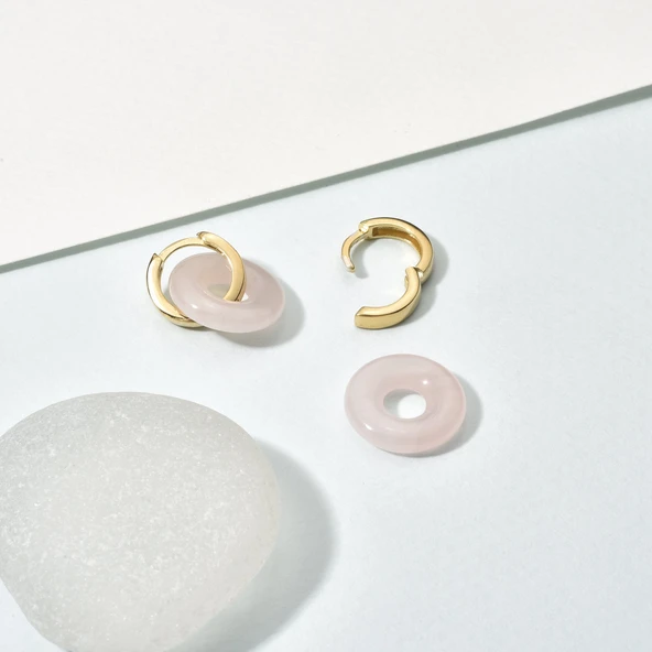 14 Ayar Altın Kaplama Gerçek ve Doğal Donut Rose Quartz Taşlı Halka Küpe - ES00153 - 7