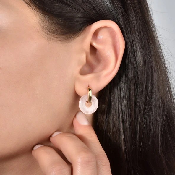 14 Ayar Altın Kaplama Gerçek ve Doğal Donut Rose Quartz Taşlı Halka Küpe - ES00153 - 1