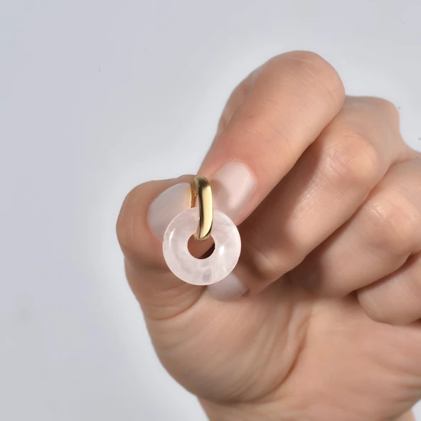 14 Ayar Altın Kaplama Gerçek ve Doğal Donut Rose Quartz Taşlı Halka Küpe - ES00153 - 3