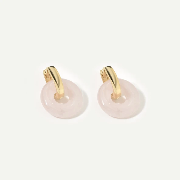 14 Ayar Altın Kaplama Gerçek ve Doğal Donut Rose Quartz Taşlı Halka Küpe - ES00153 - 4