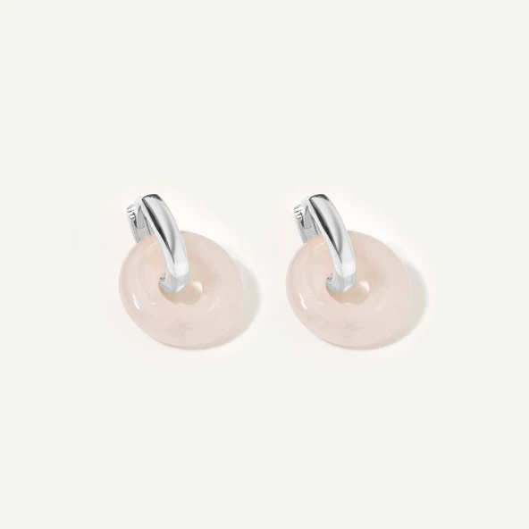 14 Ayar Altın Kaplama Gerçek ve Doğal Donut Rose Quartz Taşlı Halka Küpe - ES00153 - 6