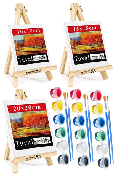 Mini Şövale 10x10 15x15 20x20 cm Tuval 3 ml Akrilik Boya 6 Renk ve Fırça 1 Paket Mini Tuval Masaüstü Küçük Şövale Boyama