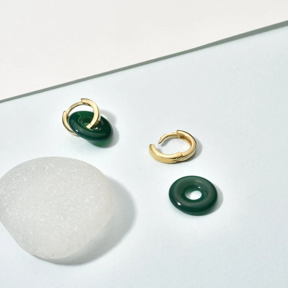 14 Ayar Altın Kaplama Gerçek ve Doğal Donut Onyx Yeşil Taşlı Halka Küpe - ES00155 - Resim 6