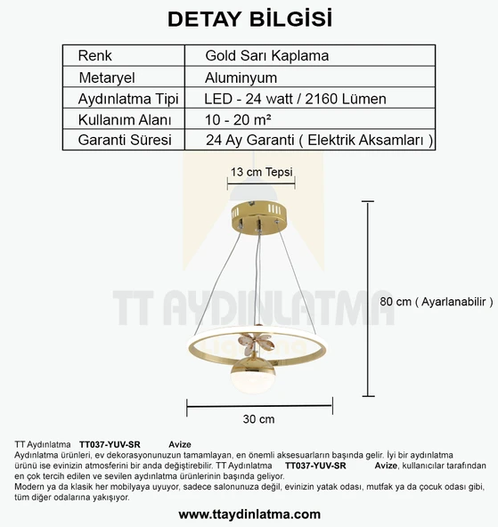 TT037-YUV-SR TT Aydınlatma Halka Model Gold Sarı Kaplama Tek Toplu Led Avize - Resim 4