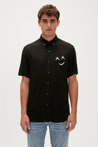 Bad Bear Smile Shirt 23.01.30.004S Siyah Kısa Kollu Baskılı Erkek Gömlek