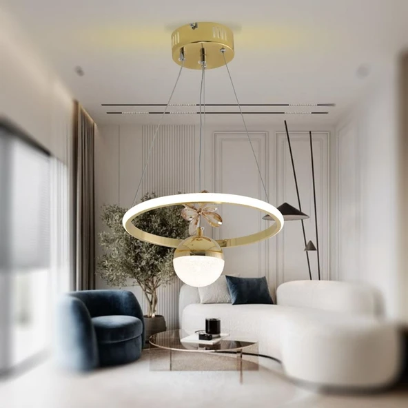 TT037-YUV-SR TT Aydınlatma Halka Model Gold Sarı Kaplama Tek Toplu Led Avize - Resim 3