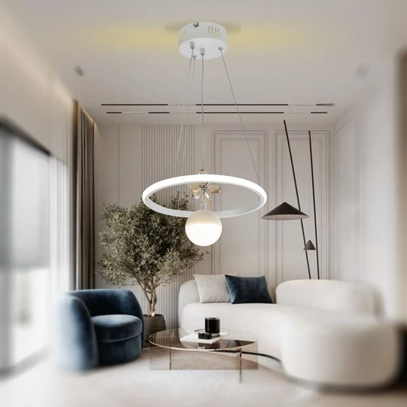 TT037-YUV-BY TT Aydınlatma Yuvarlak Model Mat Beyaz Tek Toplu 3 Renk Led Avize - Resim 2