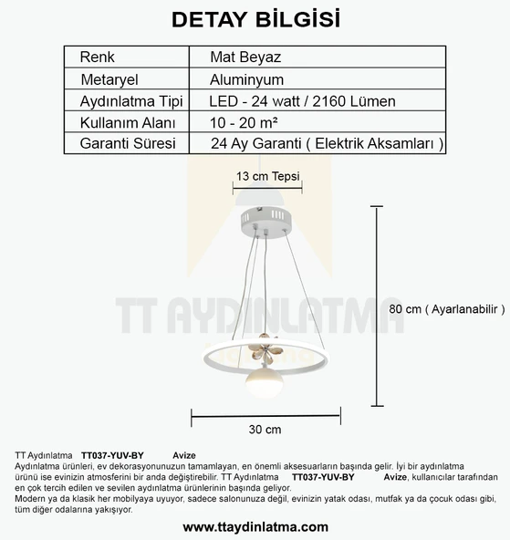 TT037-YUV-BY TT Aydınlatma Yuvarlak Model Mat Beyaz Tek Toplu 3 Renk Led Avize - Resim 4