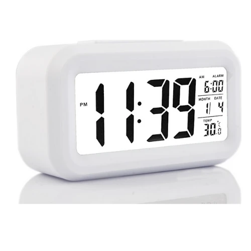 Mucit Home Led Işıklı Sensörlü Termometreli Alarmlı Dijital Beyaz Masa Saati - 3