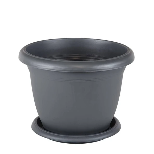 14 litre 36x25 cm Yuvarlak Büyük Boy Plastik Saksı Villa No8 Tabaklı Antrasit Gri