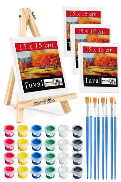 Mini Şövale 15x15 cm Tuval 3 ml Akrilik Boya 6 Renk ve Fırça 4 Adet 15x15 Mini Tuval Masaüstü Küçük Şövale Boyama Seti