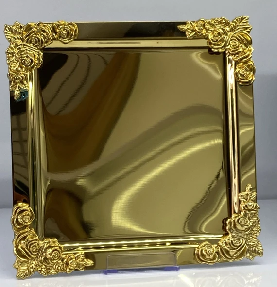 Mucit Home Kare Kenarlari Motifli  Gold Sunum Tepsi - 2