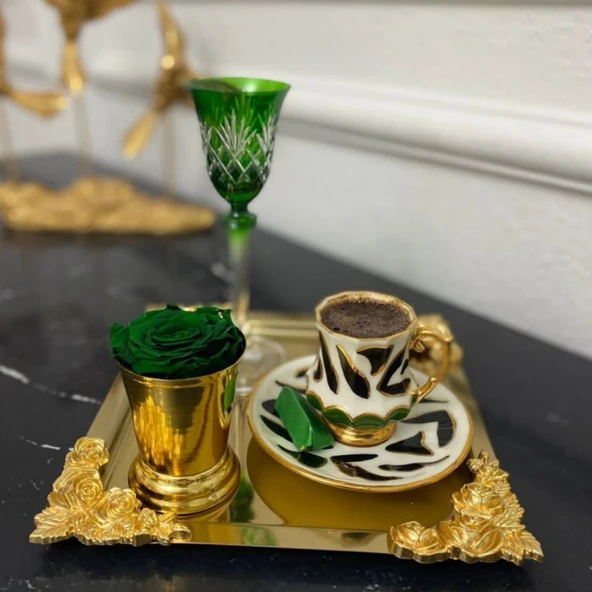 Mucit Home Kare Kenarlari Motifli  Gold Sunum Tepsi