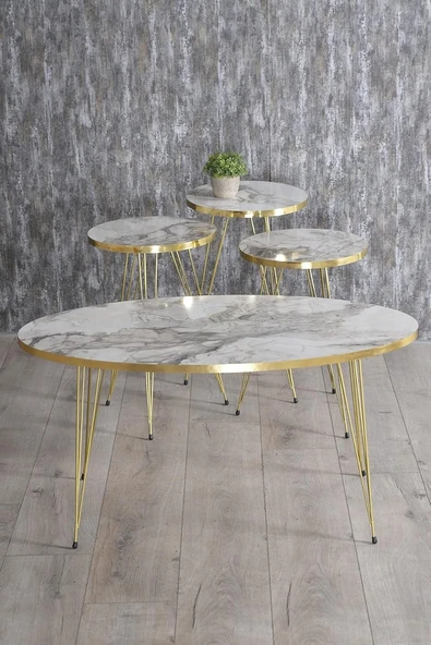 Zigon Sehpa Ve Orta Sehpa Elips Gold Metal Ayak Gold Efes Set