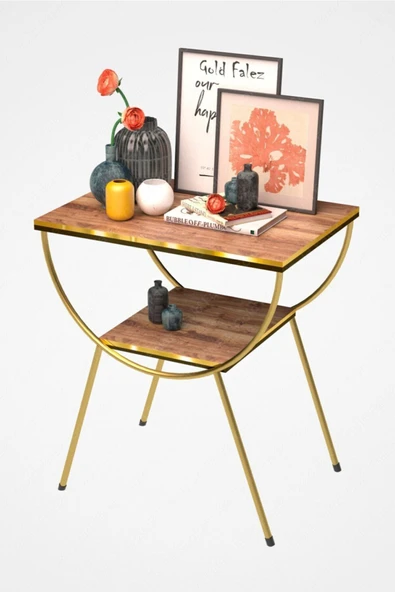 Yan Sehpa Komodin Metal Ayak Çift Gold Ceviz - Resim 4