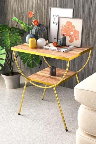 Yan Sehpa Komodin Metal Ayak Gold Ceviz - Resim 2