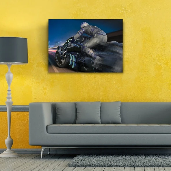 Futuristik Motosiklet ve Sürücüsü Kanvas Tablo 50 x 70 - 2